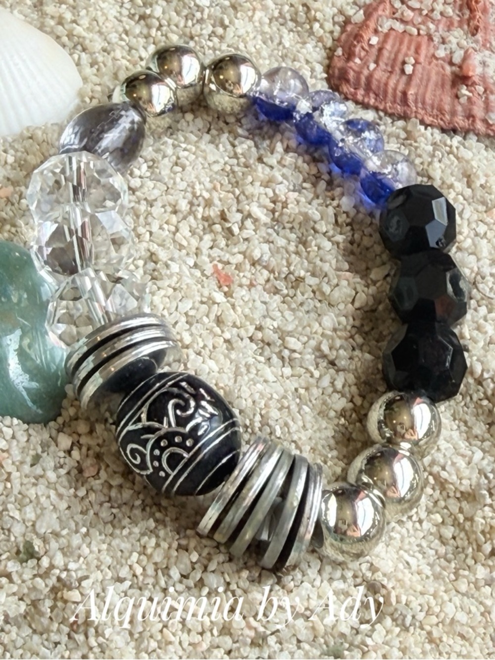 MONUMENTAL Blue Black Silver Beaded Stretch Bracelet